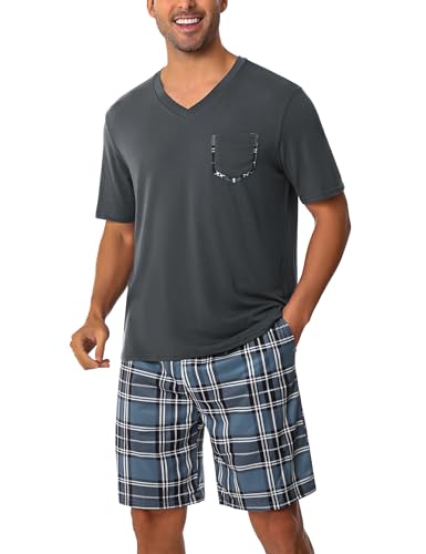 Uniexcosm Schlafanzug Herren Kurz Pyjama Set Baumwolle Zweiteiliger Kurzarm Nachtwäsche Oberteil und Karierte Kurze Hosen Sleepwear für Sommer Dunkelgrau-2 L von Uniexcosm