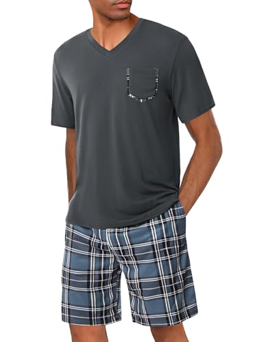 Uniexcosm Schlafanzug Herren Kurz Pyjama Set Baumwolle Zweiteiliger Kurzarm Nachtwäsche Oberteil und Karierte Kurze Hosen Sleepwear für Sommer Dunkelgrau-2 XXL von Uniexcosm