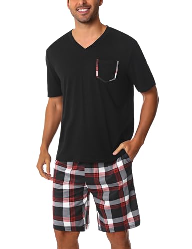 Uniexcosm Schlafanzug Herren Kurz Pyjama Set Baumwolle Zweiteiliger Kurzarm Nachtwäsche Oberteil und Karierte Kurze Hosen Sleepwear für Sommer Schwarz M von Uniexcosm