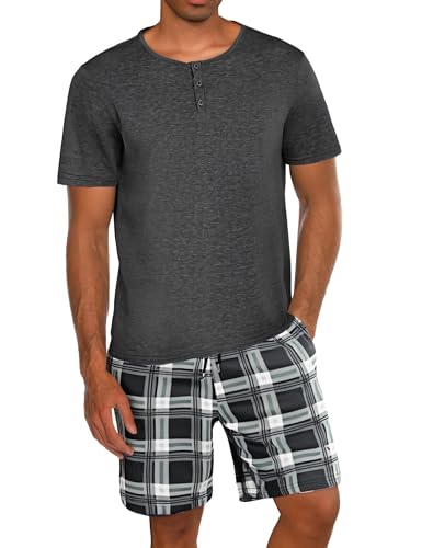 Uniexcosm Schlafanzug Herren Kurz Sommer Zweiteiliger Pyjama Set Nachtwäsche Kurzarm Oberteil und Kariert Schlafshorts für Männer Dunkelgrau-1 XXL von Uniexcosm