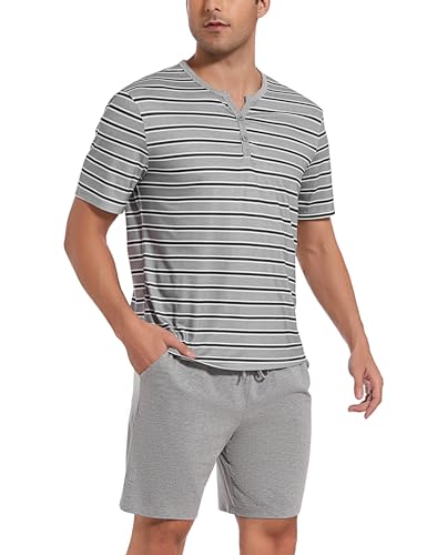 Uniexcosm Schlafanzug Herren Kurz Streifen Pyjama Set Baumwolle Zweiteiliger Nachtwäsche Kurzarm Oberteil und Kurze Hosen Sleepwear für Sommer Hellgrau XL von Uniexcosm