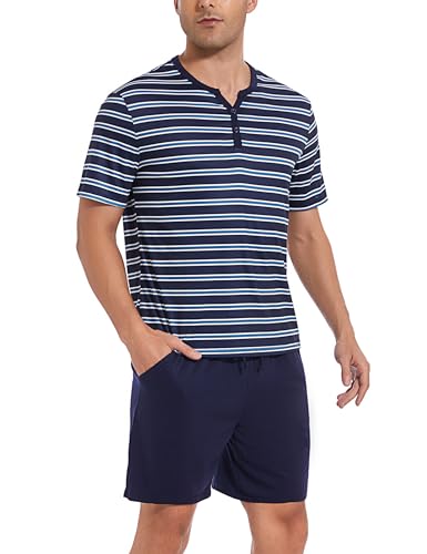 Uniexcosm Schlafanzug Herren Kurz Streifen Pyjama Set Baumwolle Zweiteiliger Nachtwäsche Kurzarm Oberteil und Kurze Hosen Sleepwear für Sommer Marineblau-1 L von Uniexcosm