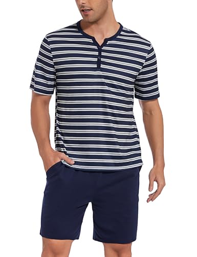 Uniexcosm Schlafanzug Herren Kurz Streifen Pyjama Set Baumwolle Zweiteiliger Nachtwäsche Kurzarm Oberteil und Kurze Hosen Sleepwear für Sommer Marineblau-2 XXL von Uniexcosm