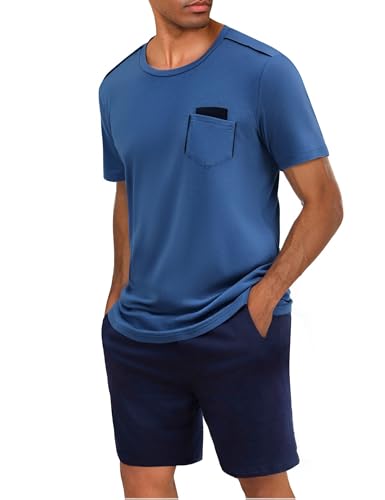 Uniexcosm Schlafanzug Herren Kurz Zweiteiliger Sommer Pyjama Set Kurzarm Nachtwäsche und Schlafshorts für Männer Kobaltblau XXL von Uniexcosm
