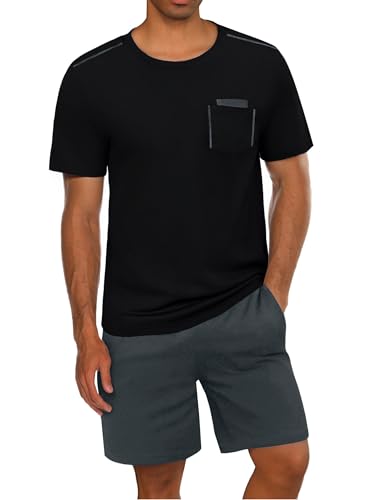 Uniexcosm Schlafanzug Herren Kurz Zweiteiliger Sommer Pyjama Set Kurzarm Nachtwäsche und Schlafshorts für Männer Schwarz XXL von Uniexcosm
