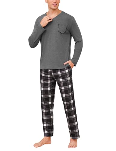 Uniexcosm Schlafanzug Herren Lang Kariert Pyjama Set Zweiteiler Nachtwäsche V-Ausschnitt Langarm Oberteil und Pyjamahose Sleepwear Schlafanzüge für Männer Dunkelgrau-1 S von Uniexcosm