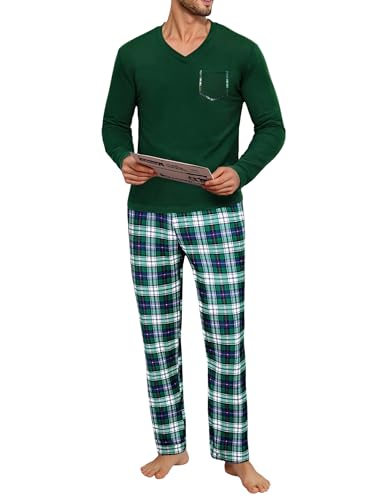 Uniexcosm Schlafanzug Herren Lang Kariert Pyjama Set Zweiteiler Nachtwäsche V-Ausschnitt Langarm Oberteil und Pyjamahose Sleepwear Schlafanzüge für Männer Dunkelgrün XXL von Uniexcosm