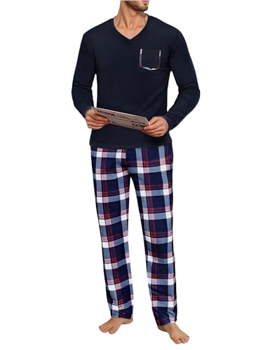 Uniexcosm Schlafanzug Herren Lang Kariert Pyjama Set Zweiteiler Nachtwäsche V-Ausschnitt Langarm Oberteil und Pyjamahose Sleepwear Schlafanzüge für Männer Marineblau L von Uniexcosm
