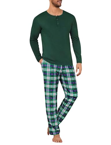 Uniexcosm Schlafanzug Herren Lang Kariert Pyjama Set Zweiteiler Nachtwäsche aus Baumwolle Rundhals Langarm Knopfleiste Oberteil und Pyjamahose Schlafanzüge für Männer Grün M von Uniexcosm
