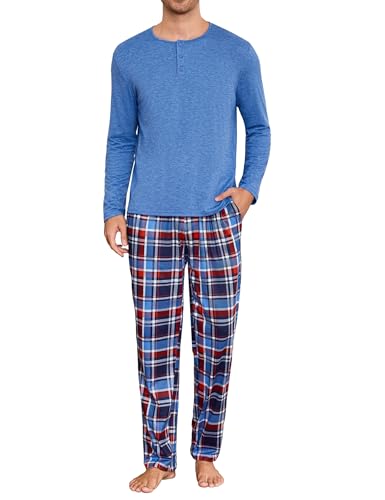 Uniexcosm Schlafanzug Herren Lang Kariert Pyjama Set Zweiteiler Nachtwäsche aus Baumwolle Rundhals Langarm Knopfleiste Oberteil und Pyjamahose Schlafanzüge für Männer Marineblau-1 XXL von Uniexcosm