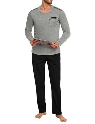 Uniexcosm Schlafanzug Herren Lang Pyjama Set Zweiteiler Herbst Winter Nachtwäsche aus Baumwolle Rundhals Langarm Oberteil und Pyjamahose Schlafanzüge für Männer Grau XXL von Uniexcosm