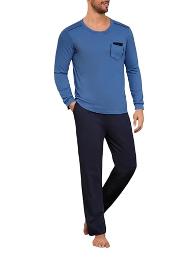 Uniexcosm Schlafanzug Herren Lang Pyjama Set Zweiteiler Herbst Winter Nachtwäsche aus Baumwolle Rundhals Langarm Oberteil und Pyjamahose Schlafanzüge für Männer Kobaltblau L von Uniexcosm