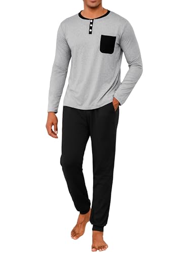Uniexcosm Schlafanzug Herren Lang Winter Zweiteiler Baumwolle Pyjama Set Langarm Oberteil mit Knöpfen und Pyjamahose Nachtwäsche für Männer Grau 4XL von Uniexcosm