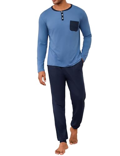 Uniexcosm Schlafanzug Herren Lang Winter Zweiteiler Baumwolle Pyjama Set Langarm Oberteil mit Knöpfen und Pyjamahose Nachtwäsche für Männer Kobaltblau M von Uniexcosm