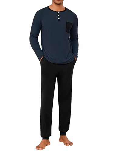 Uniexcosm Schlafanzug Herren Lang Winter Zweiteiler Baumwolle Pyjama Set Langarm Oberteil mit Knöpfen und Pyjamahose Nachtwäsche für Männer Marineblau L von Uniexcosm