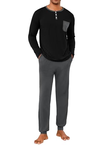 Uniexcosm Schlafanzug Herren Lang Winter Zweiteiler Baumwolle Pyjama Set Langarm Oberteil mit Knöpfen und Pyjamahose Nachtwäsche für Männer Schwarz XL von Uniexcosm