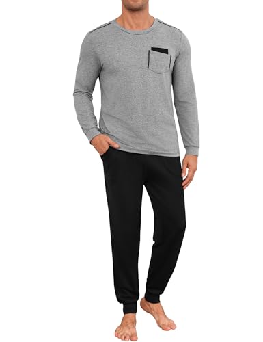Uniexcosm Schlafanzug Herren Lang Zweiteiler Pyjama Set Herbst Winter Nachtwäsche Rundhals Langarm Oberteil und Pyjamahose Schlafanzüge für Männer Grau L von Uniexcosm