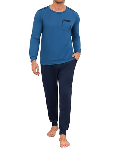 Uniexcosm Schlafanzug Herren Lang Zweiteiler Pyjama Set Herbst Winter Nachtwäsche Rundhals Langarm Oberteil und Pyjamahose Schlafanzüge für Männer Kobaltblau 3XL von Uniexcosm