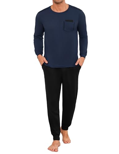 Uniexcosm Schlafanzug Herren Lang Zweiteiler Pyjama Set Herbst Winter Nachtwäsche Rundhals Langarm Oberteil und Pyjamahose Schlafanzüge für Männer Marineblau L von Uniexcosm