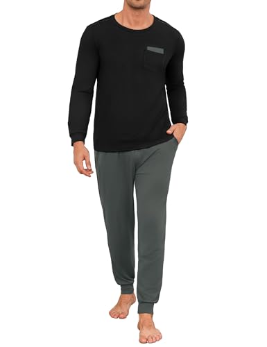 Uniexcosm Schlafanzug Herren Lang Zweiteiler Pyjama Set Herbst Winter Nachtwäsche Rundhals Langarm Oberteil und Pyjamahose Schlafanzüge für Männer Schwarz XL von Uniexcosm