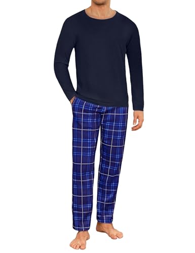 Uniexcosm Schlafanzug Herren Zweiteiliger Lang Baumwolle Pyjama Set Nachtwäsche Langarm Oberteil und Karierte Schlafanzughose Sleepwear Hausanzug Marineblau XXL von Uniexcosm