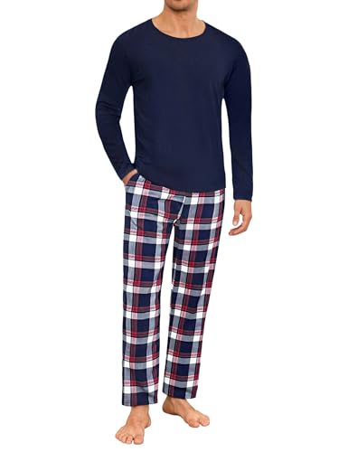 Uniexcosm Schlafanzug Herren Zweiteiliger Lang Baumwolle Pyjama Set Nachtwäsche Langarm Oberteil und Karierte Schlafanzughose Sleepwear Hausanzug Dunkelblau L von Uniexcosm