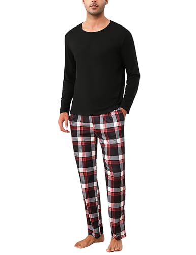 Uniexcosm Schlafanzug Herren Zweiteiliger Lang Baumwolle Pyjama Set Nachtwäsche Langarm Oberteil und Karierte Schlafanzughose Sleepwear Hausanzug Dunkelschwarz L von Uniexcosm