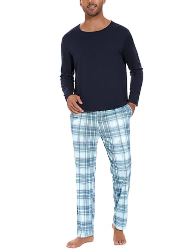 Uniexcosm Schlafanzug Herren Zweiteiliger Lang Baumwolle Pyjama Set Nachtwäsche Langarm Oberteil und Karierte Schlafanzughose Sleepwear Hausanzug PAT von Uniexcosm