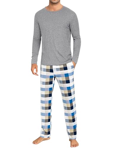 Uniexcosm Schlafanzug Herren Zweiteiliger Lang Baumwolle Pyjama Set Nachtwäsche Langarm Oberteil und Karierte Schlafanzughose Sleepwear Hausanzug PAT3 von Uniexcosm