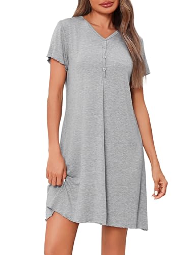 Uniexcosm Nachthemd Damen Kurzarm Schlafshirt V-Ausschnitt Baumwolle Nachtwäsche mit Knöpfen Schlafhemd Frauen Sommer Soft Sleepshirt Hellgrau M von Uniexcosm