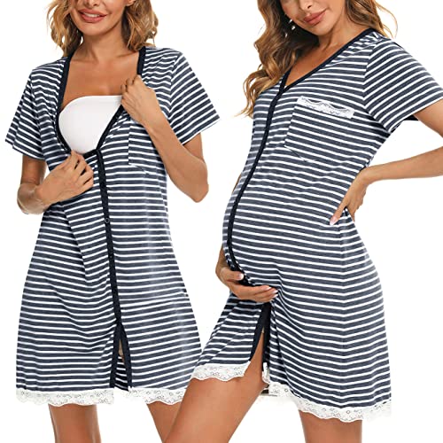 Uniexcosm Stillnachthemd Damen Kurzarm Baumwolle Umstandsnachthemd V Ausschnitt Mutterschaft Nachthemd Knopfleiste für Schwangere oder Stillende Frauen Umstandskleid Stil 1:Marineblau-2 XL von Uniexcosm