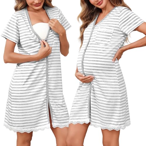 Uniexcosm Stillnachthemd Damen Kurzarm Baumwolle Umstandsnachthemd V Ausschnitt Mutterschaft Nachthemd Knopfleiste für Schwangere oder Stillende Frauen Umstandskleid Stil 1:Hellgrau-1 S von Uniexcosm