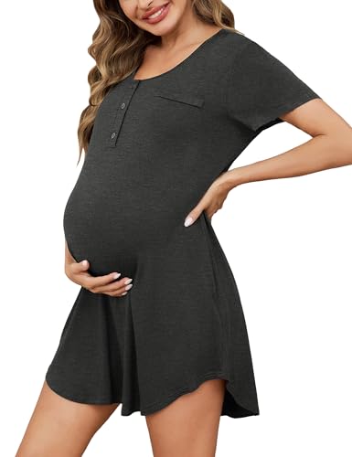 Uniexcosm Stillnachthemd Damen Kurzarm Geburtskleid Baumwolle Umstandsnachthemd Mutterschaft mit Knopfleiste Umstandsmode für Schwangere oder Stillende Dunkelgrau L von Uniexcosm