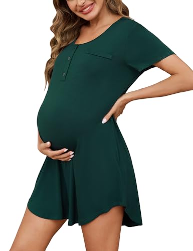 Uniexcosm Stillnachthemd Damen Kurzarm Geburtskleid Baumwolle Umstandsnachthemd Mutterschaft mit Knopfleiste Umstandsmode für Schwangere oder Stillende Dunkelgrün L von Uniexcosm