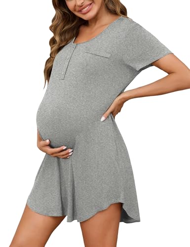 Uniexcosm Stillnachthemd Damen Kurzarm Geburtskleid Baumwolle Umstandsnachthemd Mutterschaft mit Knopfleiste Umstandsmode für Schwangere oder Stillende Hellgrau XXL von Uniexcosm