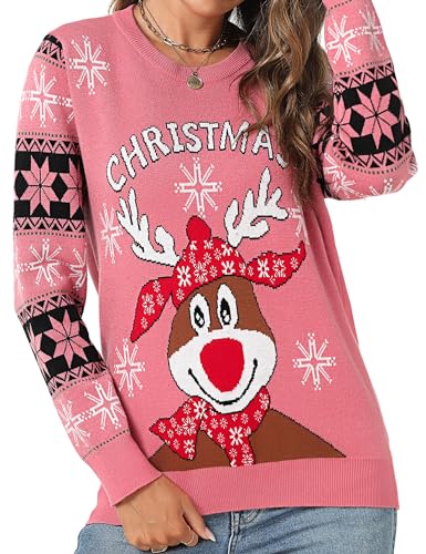 Uniexcosm Weihnachtspullover Damen Ugly Strickpulli Pullover Warm Langarm Strickpullover Rentier Winterpullover Rundhals Sweater mit Elch Motiven für Weihnachtsparty Rosa XL von Uniexcosm