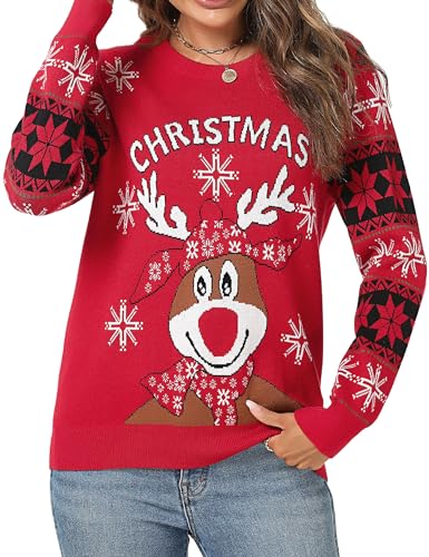 Uniexcosm Weihnachtspullover Damen Ugly Strickpulli Pullover Warm Langarm Strickpullover Rentier Winterpullover Rundhals Sweater mit Elch Motiven für Weihnachtsparty Rot L von Uniexcosm