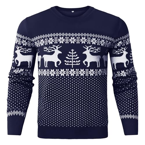 Uniexcosm Weihnachtspullover Herren Ugly Langarm Strickpulli mit Rentiermuster Rundhals Pullover Weihnachtsbaum Winterpullover Warm Christmas Sweater Marineblau XL von Uniexcosm