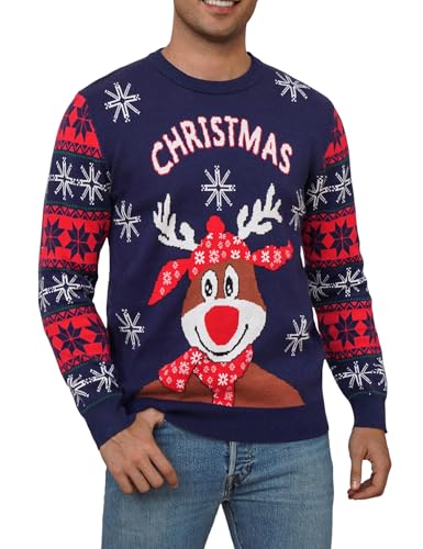 Uniexcosm Weihnachtspullover Herren Ugly Strickpulli Pullover Warm Winter Strickpullover Lustig Rentier Winterpullover Rundhals Sweater für Weihnachtsparty Marineblau M von Uniexcosm