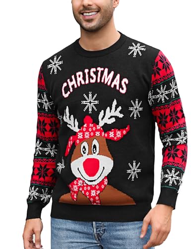 Uniexcosm Weihnachtspullover Herren Ugly Strickpulli Pullover Warm Winter Strickpullover Lustig Rentier Winterpullover Rundhals Sweater für Weihnachtsparty Schwarz S von Uniexcosm