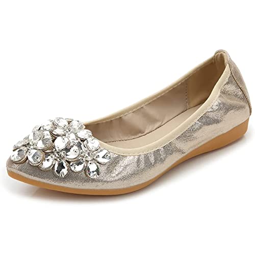 Unifizz Damen Ballerinas Weiche Spitze Zehen Strass Hochzeit Ballerina Schuhe Faltbar Sparkly Comfort Slip on Flache Schuhe für Frauen, gold, 41 EU von Unifizz