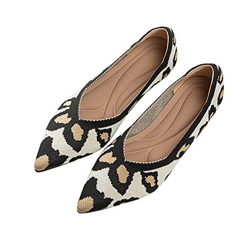 Unifizz Damen Ballett Flache Schuhe Strick Kleid Schuhe Spitz Zehe Slip On Ballerina Walking Flats Schuhe für Frau Low Wedge Komfort Weich, leopard, 39 EU von Unifizz