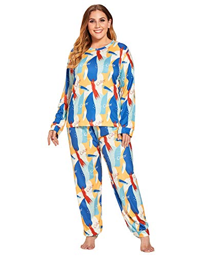 Unifizz Damen-Schlafanzug, lange Ärmel, weiches Oberteil und Hose, niedlich bedruckt, Loungewear für Frauen, super weich und bequem Gr. 50, #402 Dunkelblau von Unifizz