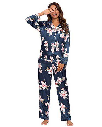 Unifizz Damen Schlafanzug Satin Kurz/Lang Frauen Sommer Hausanzug Nachthemd Zweiteiliger zum Knöpfen Tops Hose Loungewear Sexy Pyjama Set von Unifizz