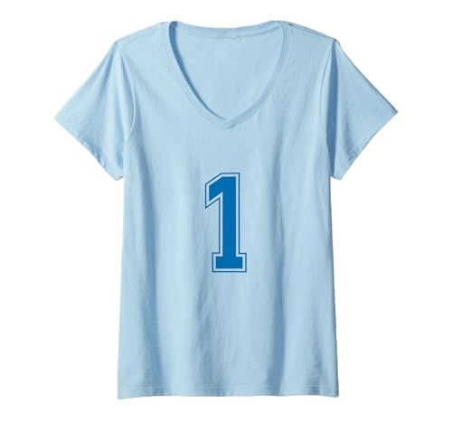 Damen Blau 1 Nummer Mannschaft Sport Nummerierte Uniform T-Shirt mit V-Ausschnitt von Uniform Blue Number Sports DESIGN ON THE FRONT
