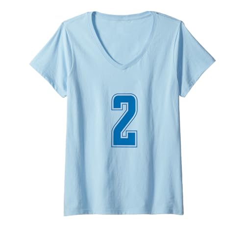 Damen Blau Nummer 2 Mannschaft Sport Nummerierte Uniform T-Shirt mit V-Ausschnitt von Uniform Blue Number Sports DESIGN ON THE FRONT