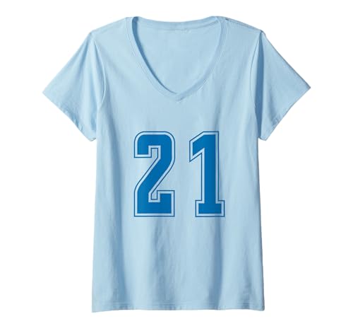 Damen Blau Nummer 21 Mannschaft Sport Nummerierte Uniform T-Shirt mit V-Ausschnitt von Uniform Blue Number Sports DESIGN ON THE FRONT
