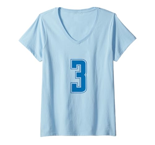 Damen Blau Nummer 3 Mannschaft Sport Nummerierte Uniform T-Shirt mit V-Ausschnitt von Uniform Blue Number Sports DESIGN ON THE FRONT