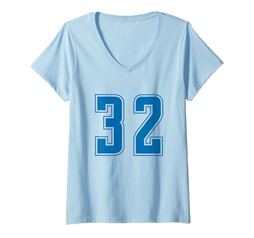 Damen Blau Nummer 32 Mannschaft Sport Nummerierte Uniform T-Shirt mit V-Ausschnitt von Uniform Blue Number Sports DESIGN ON THE FRONT