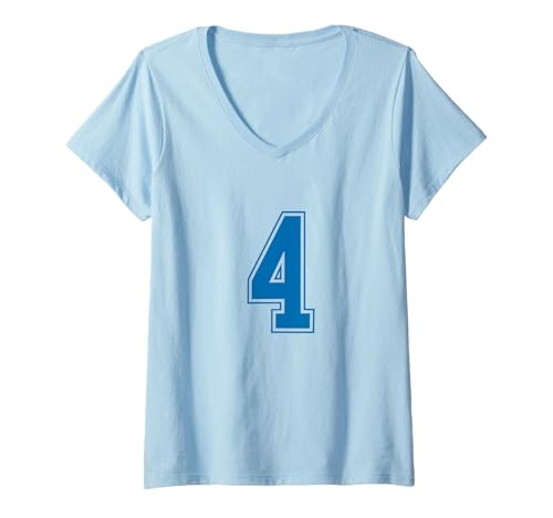 Damen Blau Nummer 4 Mannschaft Sport Nummerierte Uniform T-Shirt mit V-Ausschnitt von Uniform Blue Number Sports DESIGN ON THE FRONT